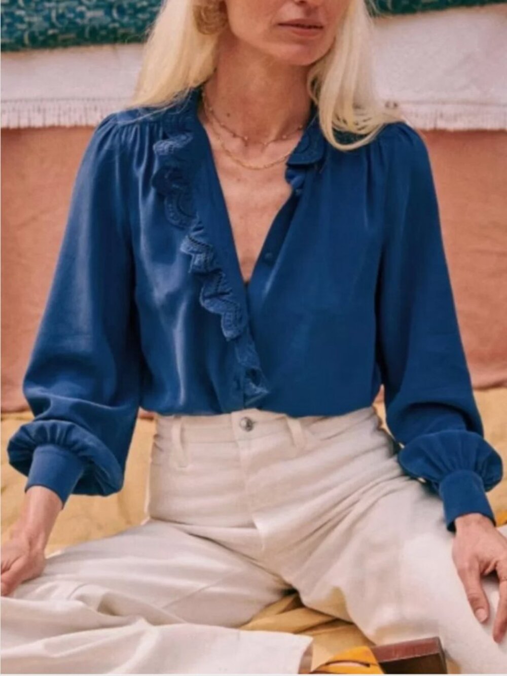 BEST Sezane Chlo Silk Shirt Blouse FR34/US2 Bright Blue French Classic - Picture 2 of 10
